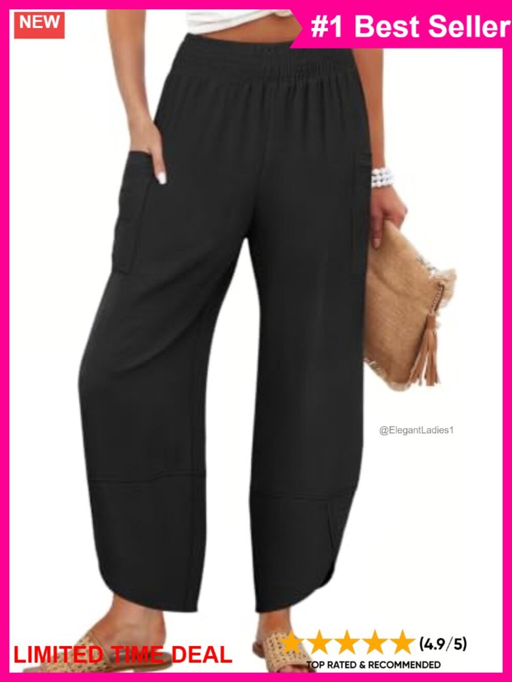 Wide Leg Palazzo Capri Barrel Pants Cropped Trousers Loose Fit Smocked Elastic